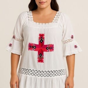 Mexican Huasteco Potosino Embroidered Blouse White Cotton  Handmade Top Size M